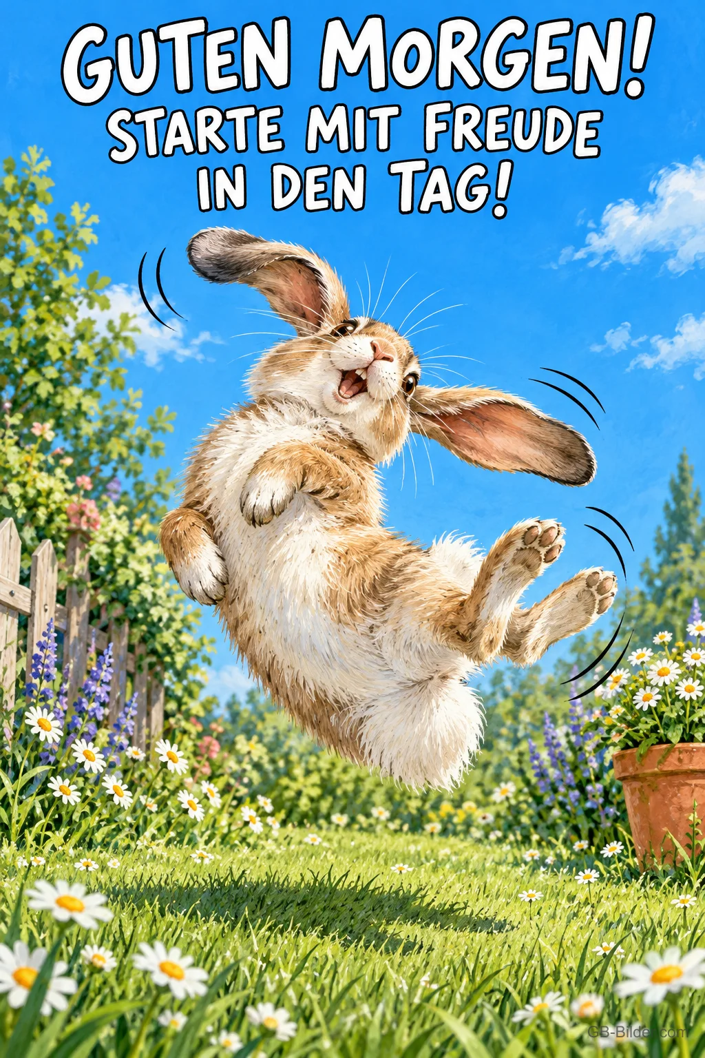 Hase springt mit wehenden Ohren fröhlich über eine Blumenwiese, Text: GUTEN MORGEN! STARTE MIT FREUDE IN DEN TAG!