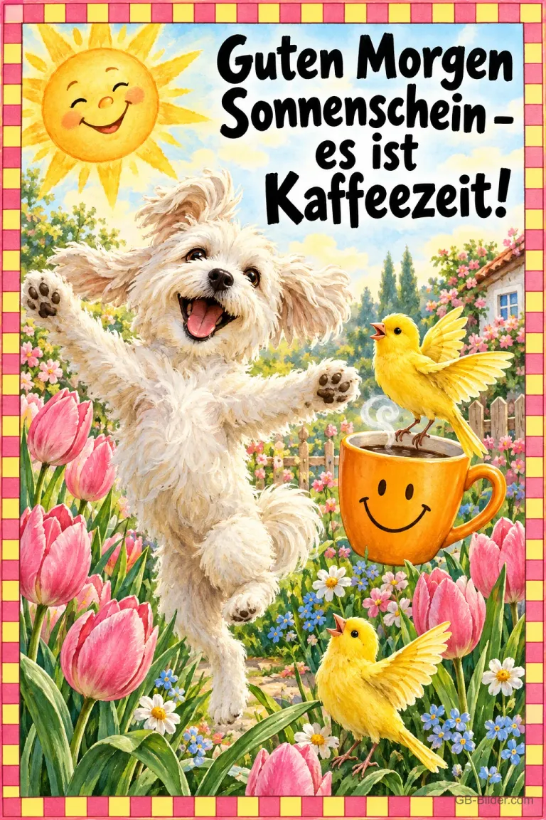 Kleiner weißer Hund tanzt zwischen Tulpen, Kanarienvögel und Smiley-Tasse, Text: Guten Morgen Sonnenschein – es ist Kaffeezeit!