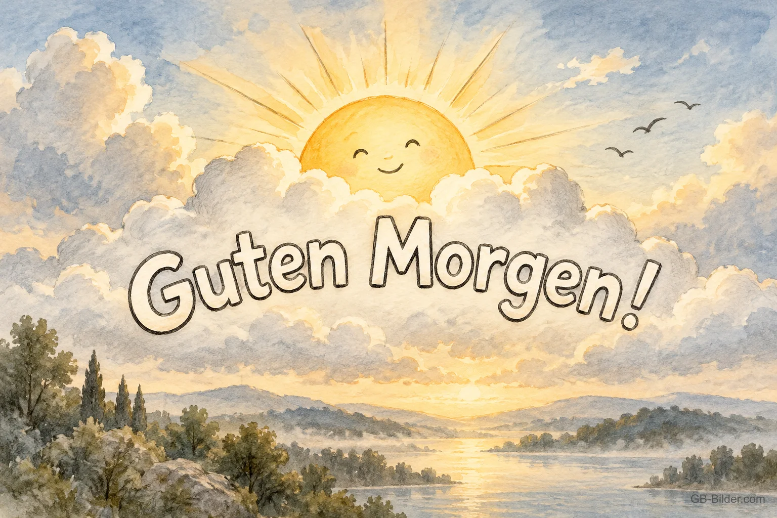 Lächelnde Sonne über Wolken und einem See, Text: Guten Morgen!