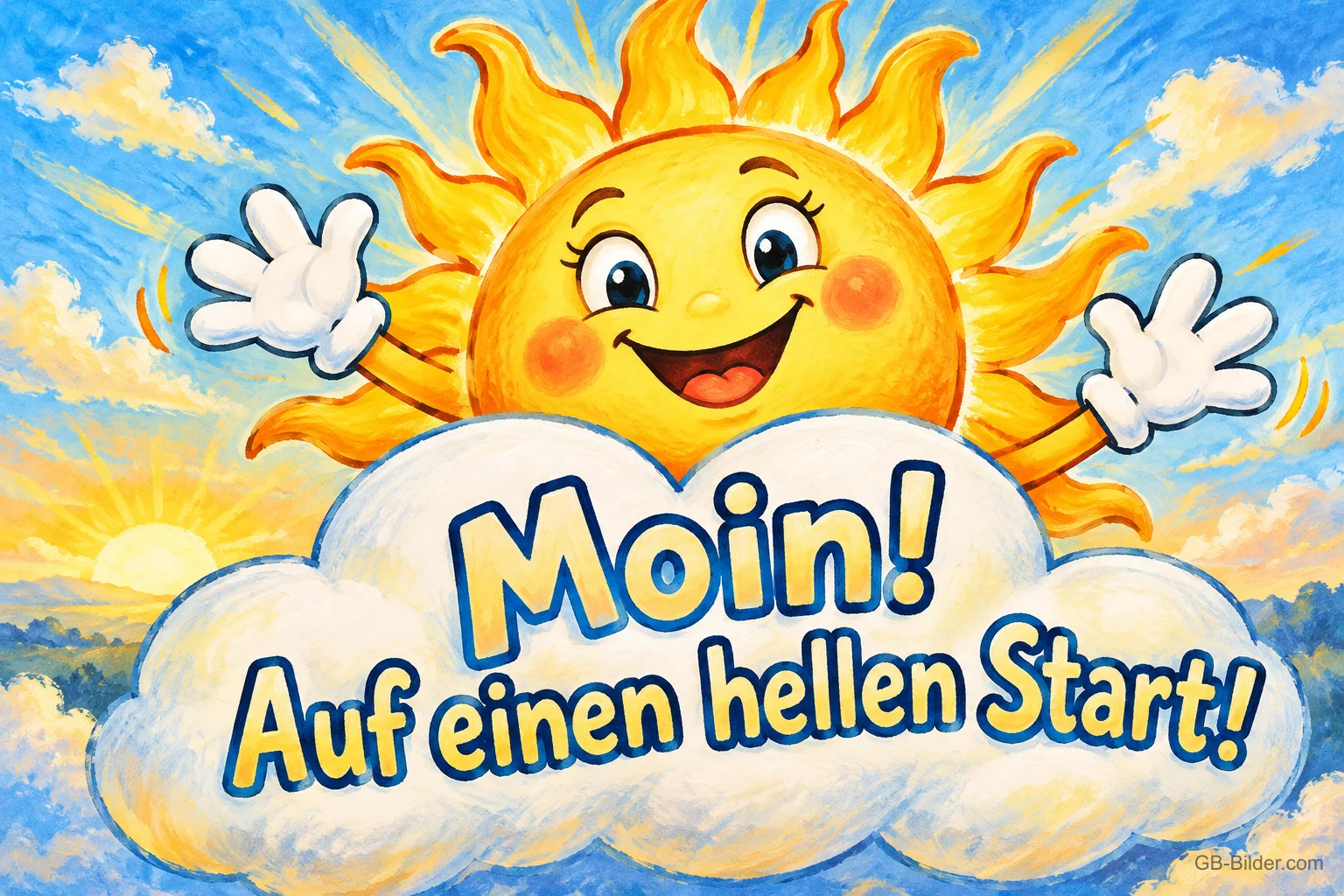 Lachende Sonne winkt hinter einer großen Wolke, Text: Moin! Auf einen hellen Start!