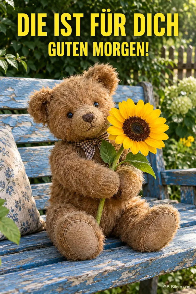 Teddybär hält eine Sonnenblume auf einer Gartenbank, Text: DIE IST FÜR DICH – GUTEN MORGEN!