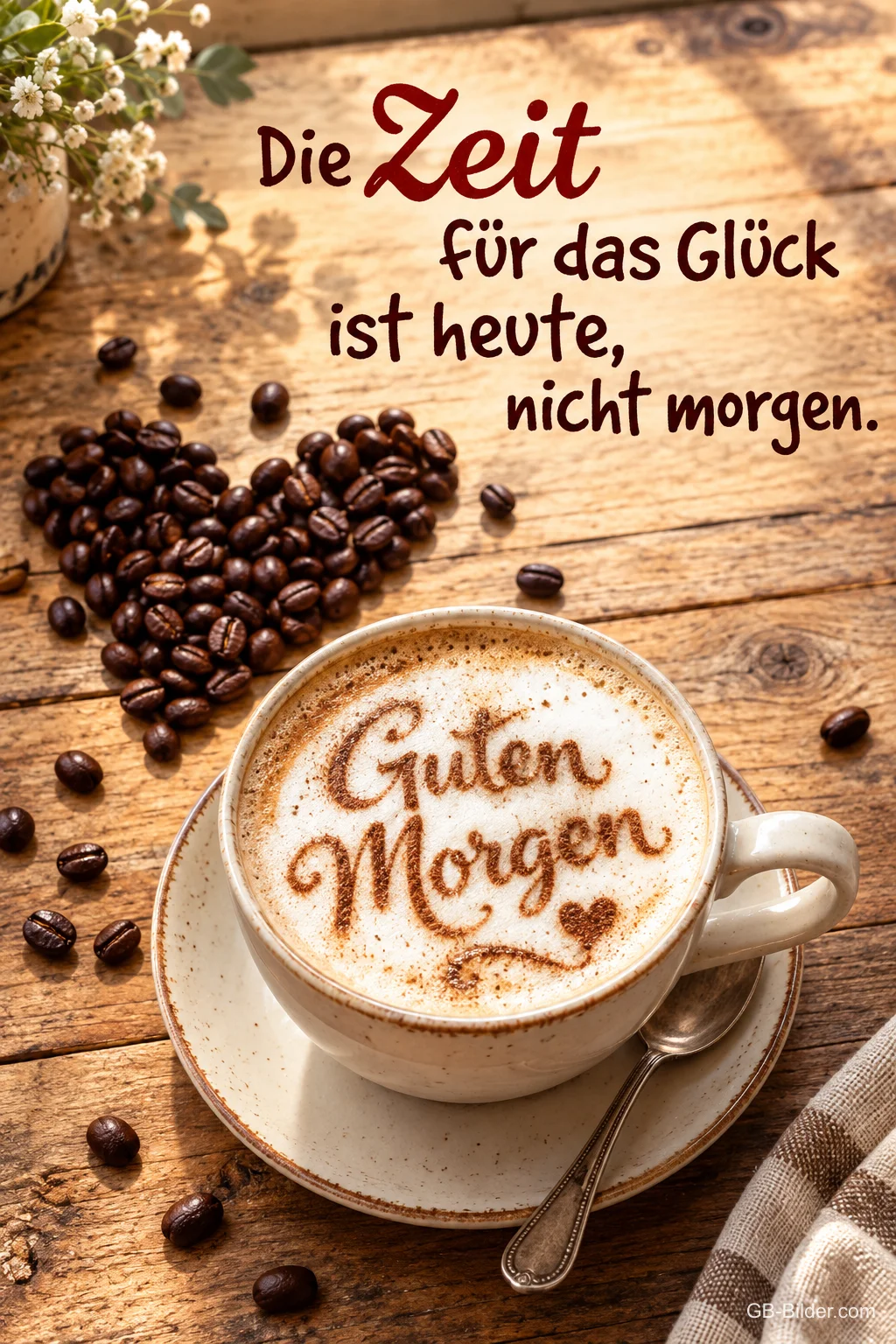 Cappuccino mit Schrift im Schaum neben einem Herz aus Kaffeebohnen, Text: Die Zeit für das Glück ist heute, nicht morgen. Guten Morgen