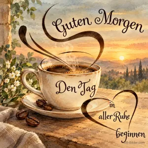 Kaffeetasse mit herzförmigem Dampf vor einer Landschaft bei Sonnenaufgang, Text: Guten Morgen – Den Tag in aller Ruhe beginnen.