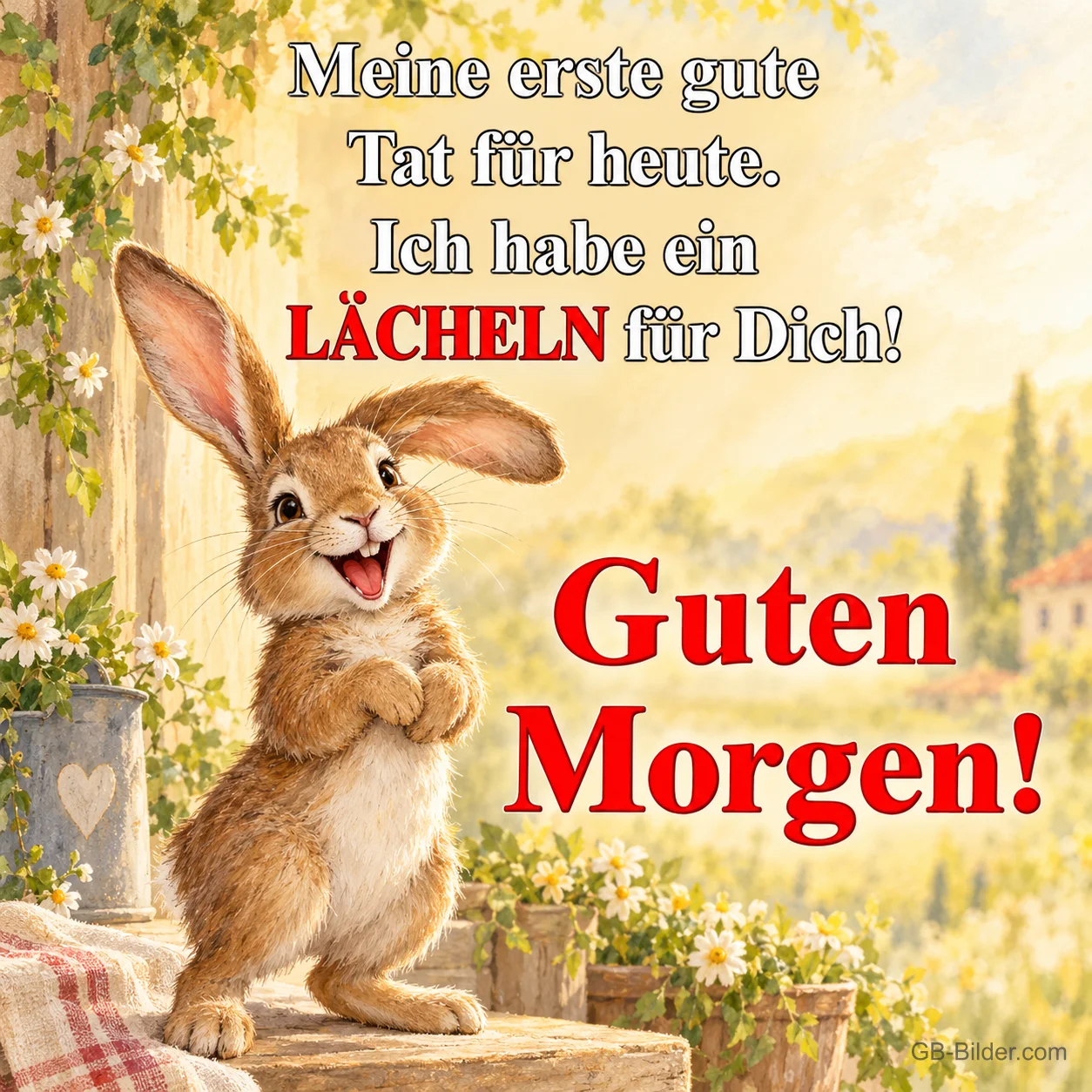 Lachender Hase reibt sich die Pfoten am sonnigen Fenster, Text: Meine erste gute Tat für heute. Ich habe ein LÄCHELN für Dich! Guten Morgen!