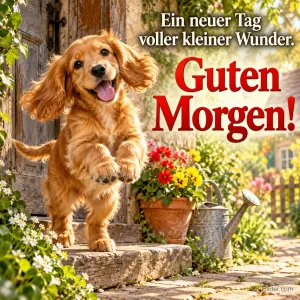 Cockerspaniel-Welpe springt fröhlich eine Treppe vor einer Holztür herunter, Text: Ein neuer Tag voller kleiner Wunder. Guten Morgen!