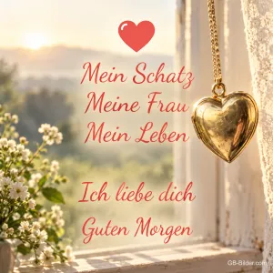 Goldener Herzanhänger am Fenster mit Blick auf Hügel, Text: Mein Schatz, Meine Frau, Mein Leben – Ich liebe dich – Guten Morgen