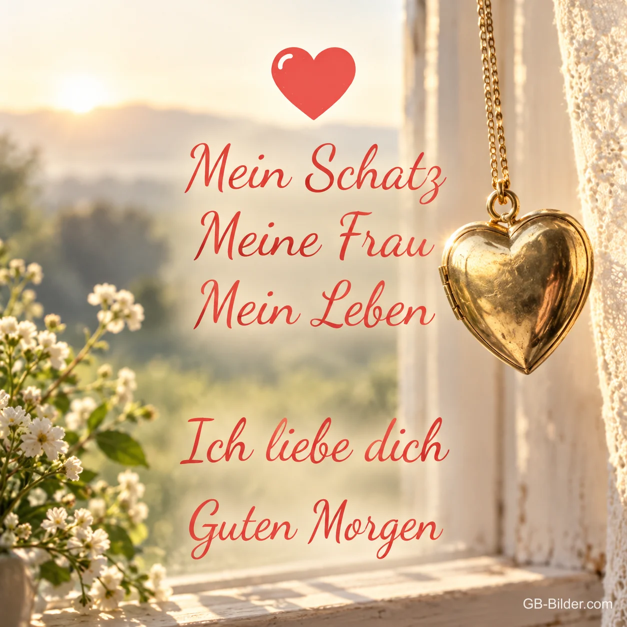Goldener Herzanhänger am Fenster mit Blick auf Hügel, Text: Mein Schatz, Meine Frau, Mein Leben – Ich liebe dich – Guten Morgen