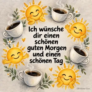 Kranz aus lächelnden Sonnen und Kaffeetassen, Text: Ich wünsche dir einen schönen guten Morgen und einen schönen Tag