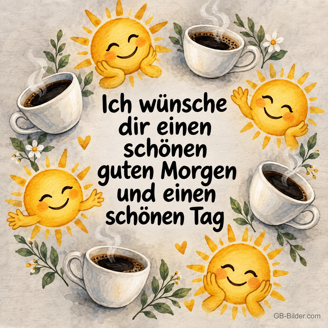 Kranz aus lächelnden Sonnen und Kaffeetassen, Text: Ich wünsche dir einen schönen guten Morgen und einen schönen Tag
