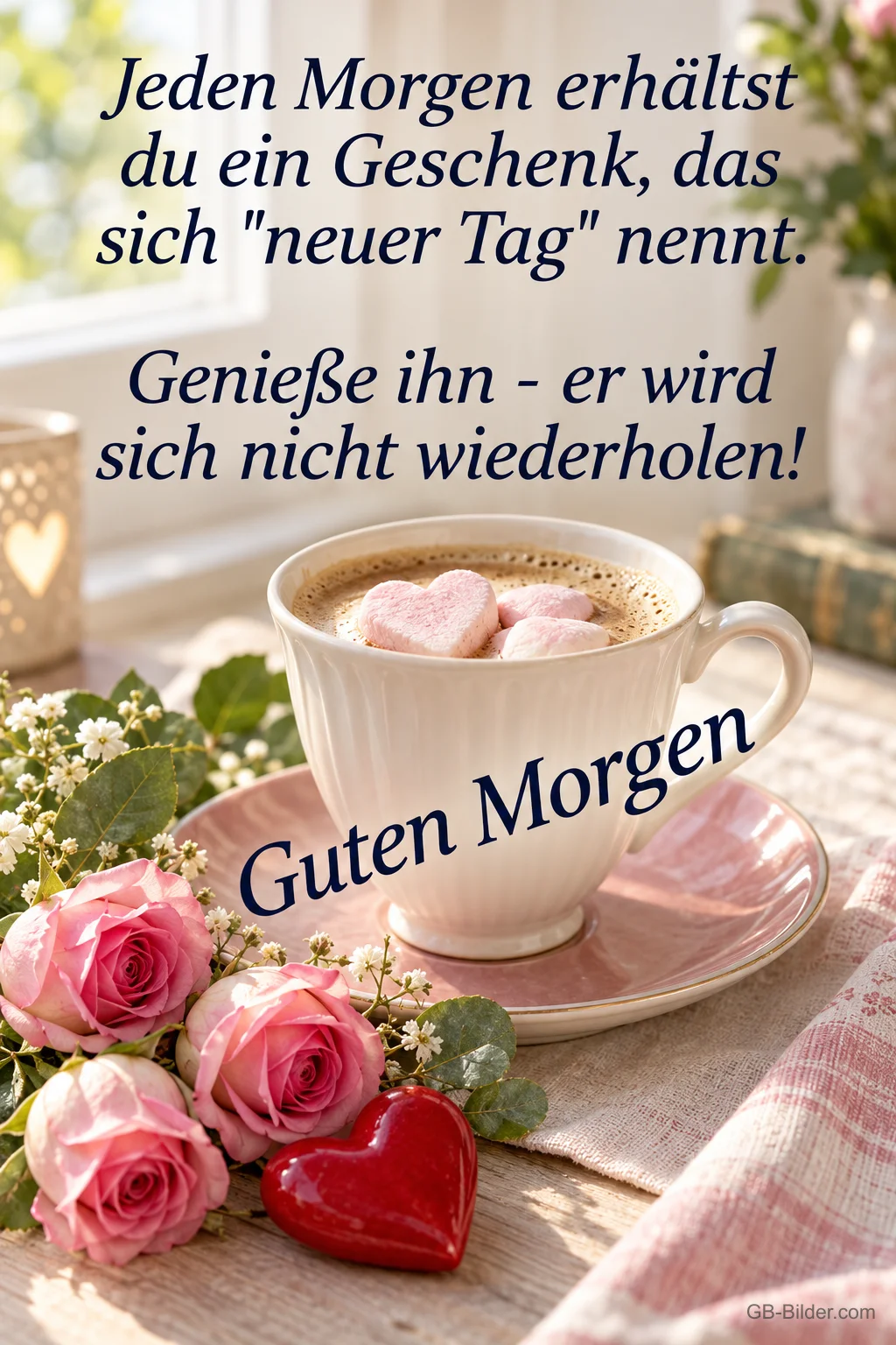 Tasse Kakao mit Marshmallows neben rosa Rosen und Herz, Text: Jeden Morgen erhältst du ein Geschenk, das sich „neuer Tag“ nennt. Genieße ihn – er wird sich nicht wiederholen! Guten Morgen
