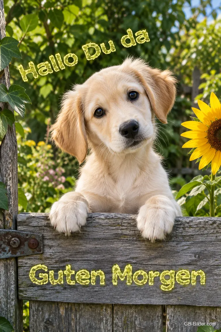 Welpe stützt die Pfoten auf einen Holzzaun neben Sonnenblumen, Text: Hallo Du da – Guten Morgen