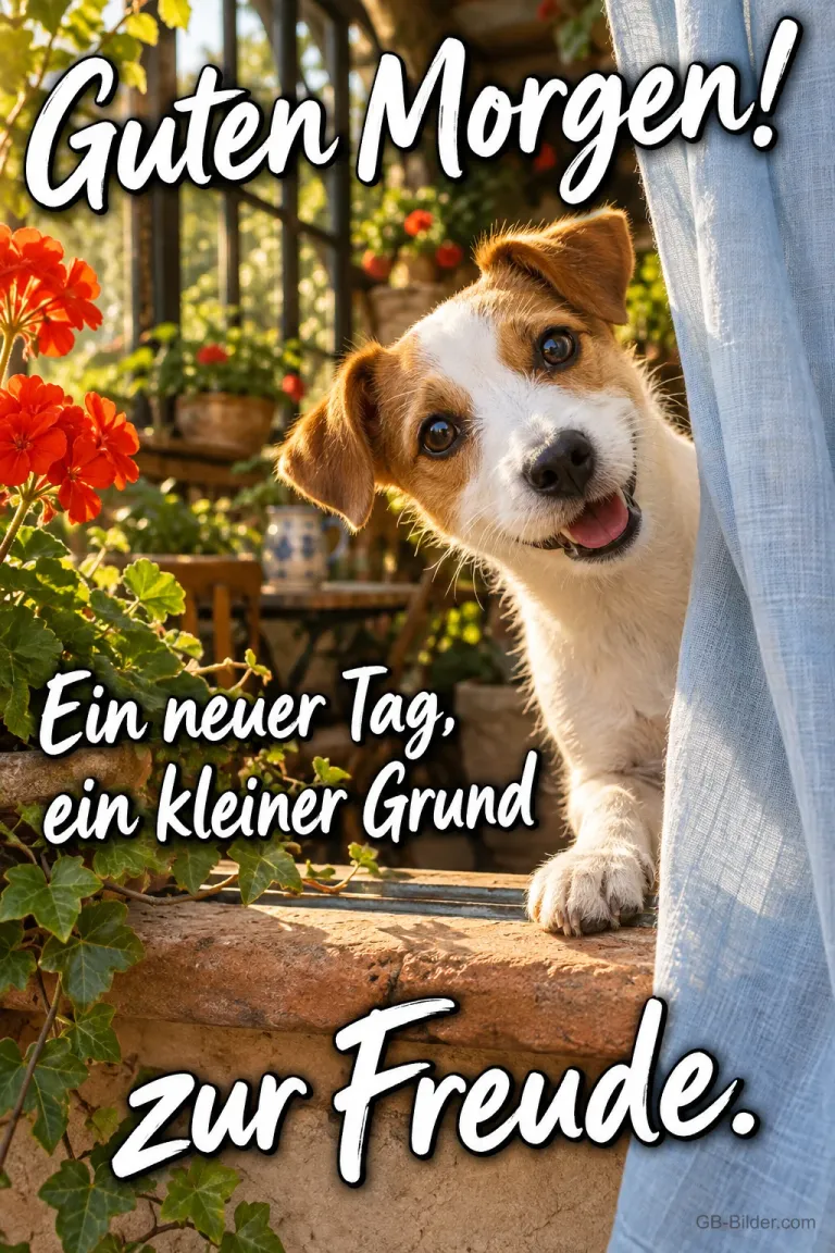 Jack-Russell-Welpe schaut hinter einem Vorhang auf der Terrasse hervor, Text: Guten Morgen! Ein neuer Tag, ein kleiner Grund zur Freude.