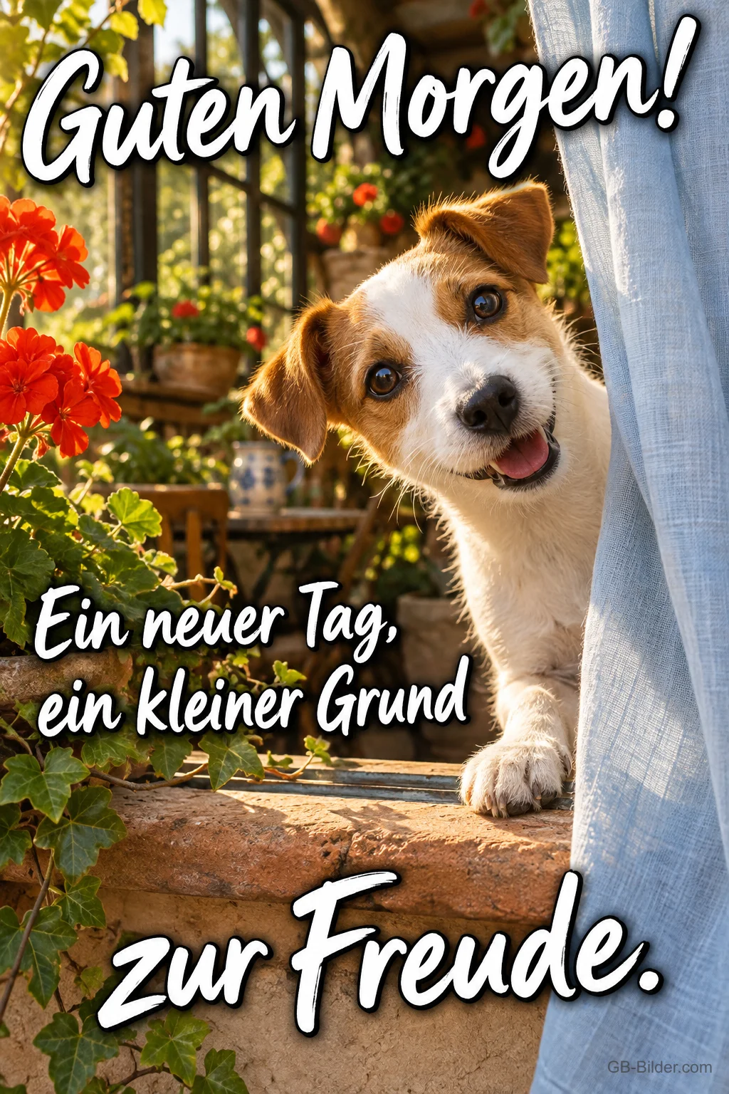 Jack-Russell-Welpe schaut hinter einem Vorhang auf der Terrasse hervor, Text: Guten Morgen! Ein neuer Tag, ein kleiner Grund zur Freude.