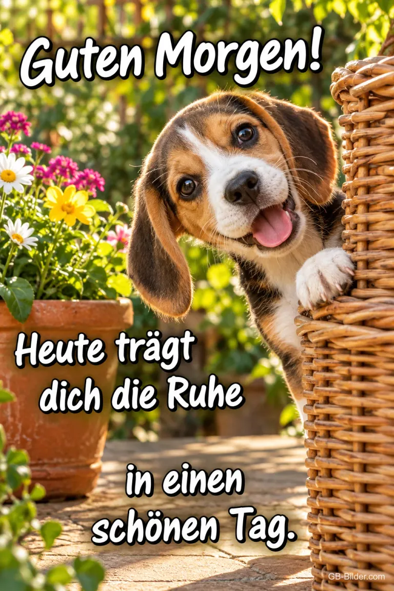 Beagle-Welpe schaut hinter einem Weidenkorb im Garten hervor, Text: Guten Morgen! Heute trägt dich die Ruhe in einen schönen Tag.