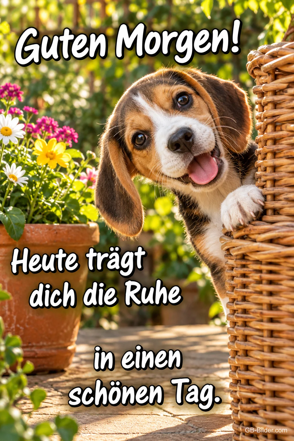 Beagle-Welpe schaut hinter einem Weidenkorb im Garten hervor, Text: Guten Morgen! Heute trägt dich die Ruhe in einen schönen Tag.