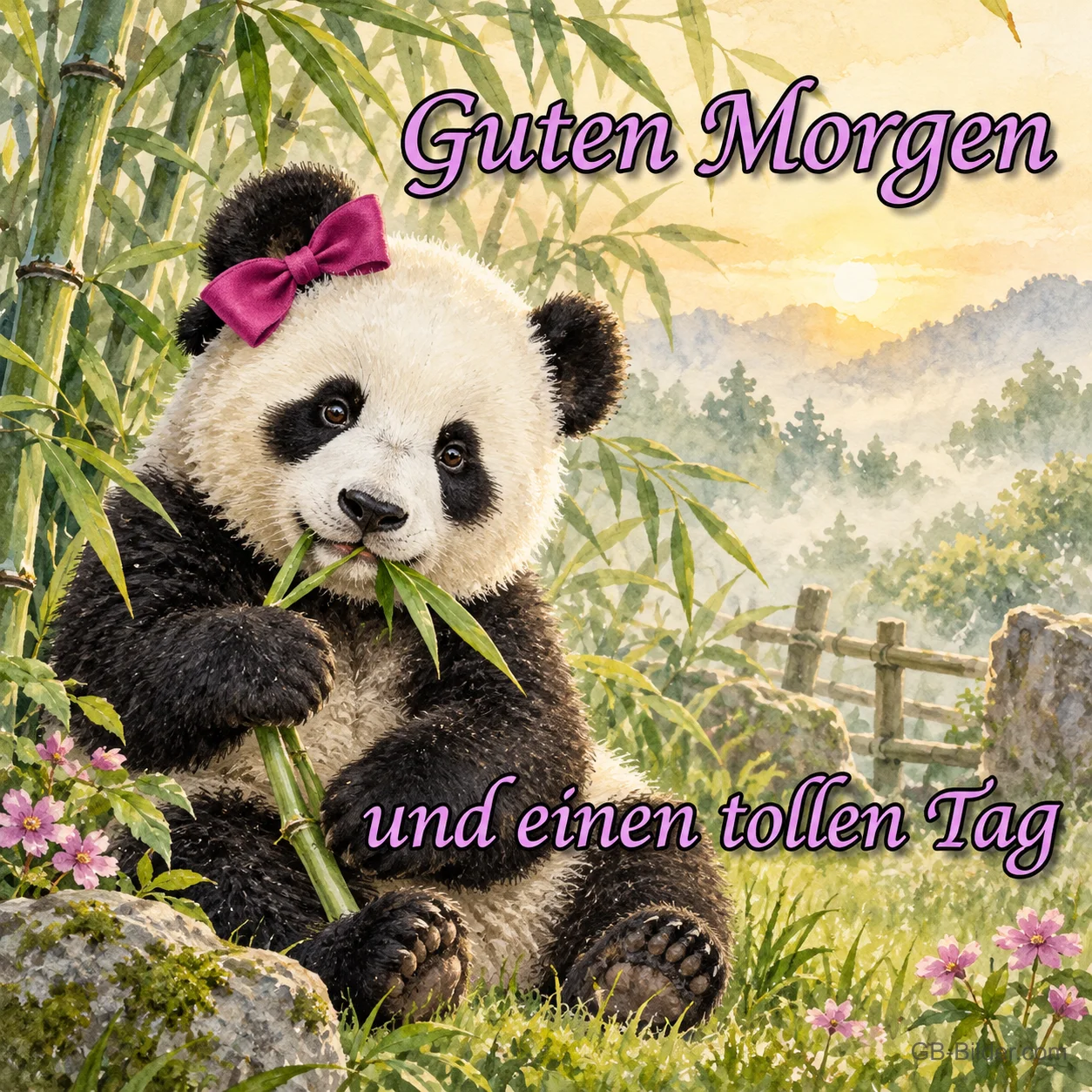 Pandabär mit pinker Schleife kaut Bambus, Text: Guten Morgen und einen tollen Tag