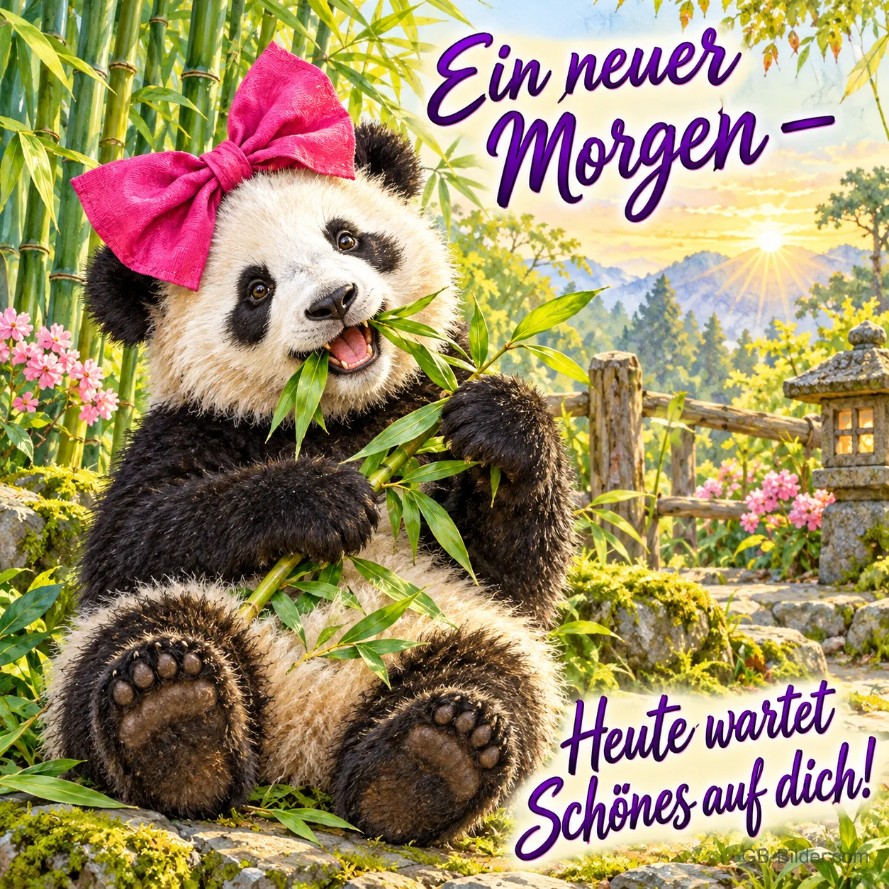 Panda mit pinker Schleife kaut Bambus im Garten, Text: Ein neuer Morgen – Heute wartet Schönes auf dich!
