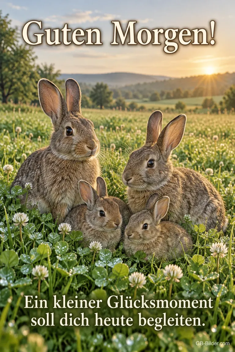 Hasenfamilie im Klee, Text: Guten Morgen