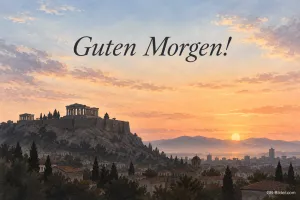 Akropolis über Athen im Morgenrot, Text: Guten Morgen!