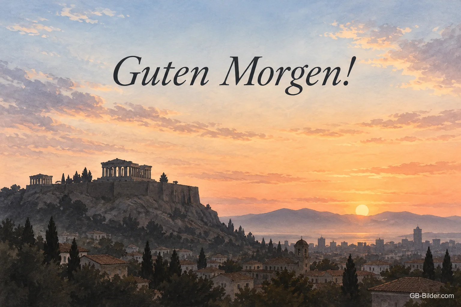 Akropolis über Athen im Morgenrot, Text: Guten Morgen!