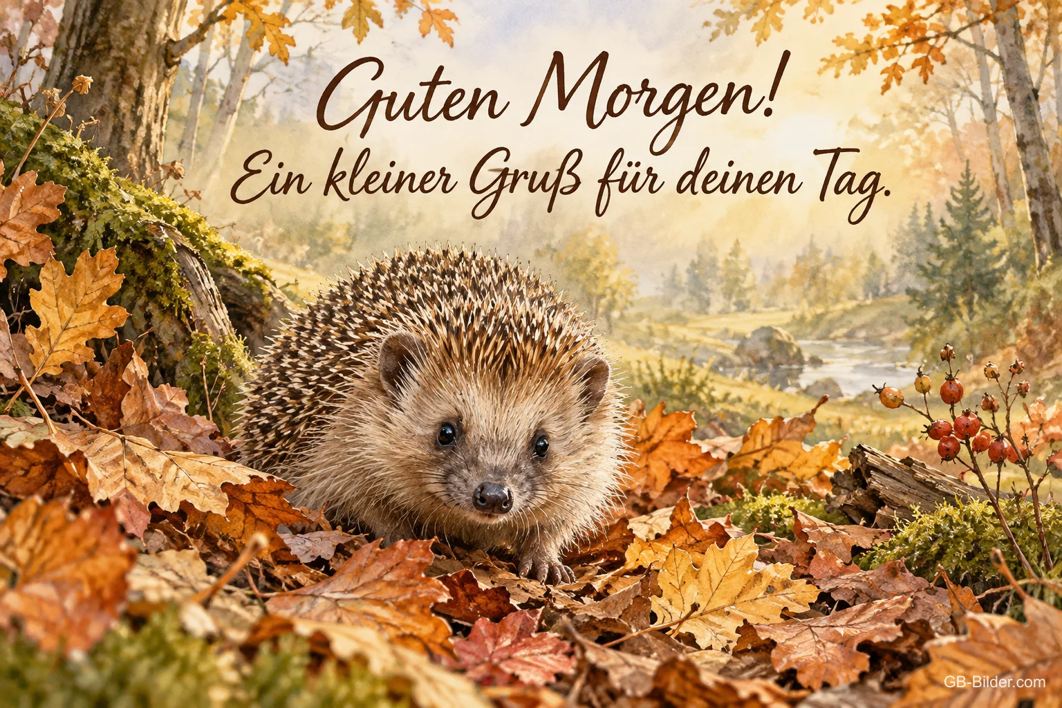 Igel im Herbstlaub, Text: Guten Morgen