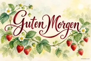 Rote Schrift zwischen Erdbeerranken mit Blüten, Text: Guten Morgen