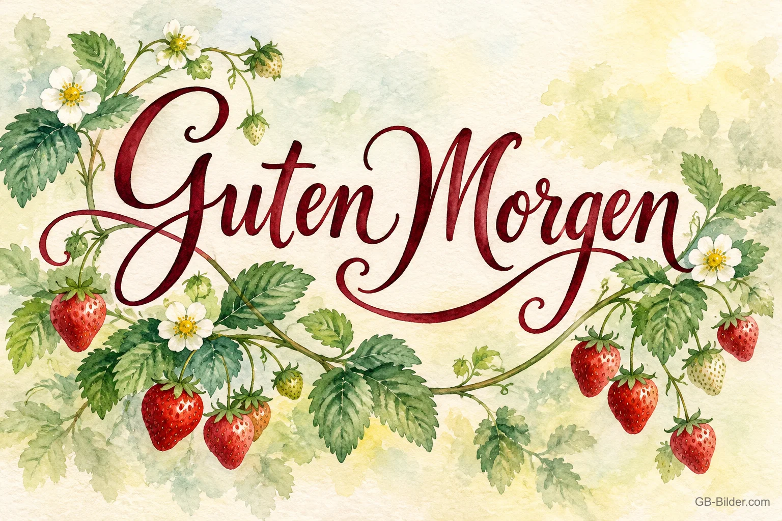 Rote Schrift zwischen Erdbeerranken mit Blüten, Text: Guten Morgen