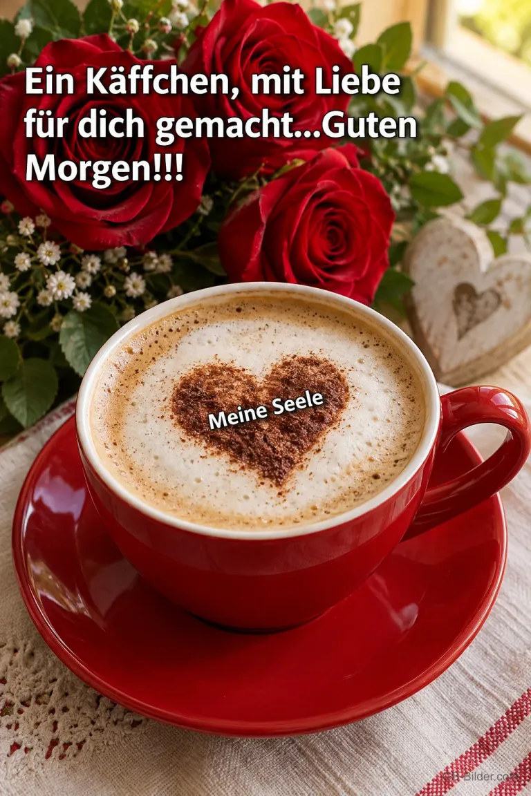 Cappuccino mit Herz aus Kakao neben roten Rosen, Text: Ein Käffchen, mit Liebe für dich gemacht… Guten Morgen!!!