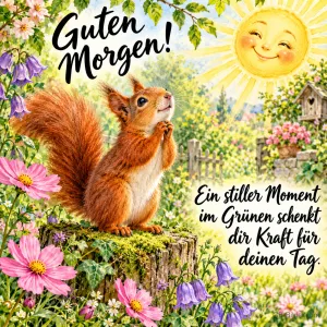 Eichhörnchen faltet die Pfoten auf einem Baumstumpf im Blumengarten, Text: Guten Morgen! Ein stiller Moment im Grünen schenkt dir Kraft für deinen Tag.