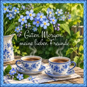 Zwei blau-weiße Kaffeetassen unter Vergissmeinnicht, Text: Guten Morgen, meine lieben Freunde