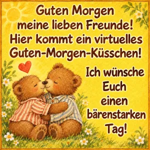 Zwei Teddybären geben sich ein Küsschen auf einer Blumenwiese, Text: Guten Morgen meine lieben Freunde! Hier kommt ein virtuelles Guten-Morgen-Küsschen! Ich wünsche Euch einen bärenstarken Tag!