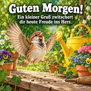 Spatz flattert fröhlich auf einem Gartentisch neben gelber Gießkanne, Text: Guten Morgen! Ein kleiner Gruß zwitschert dir heute Freude ins Herz.