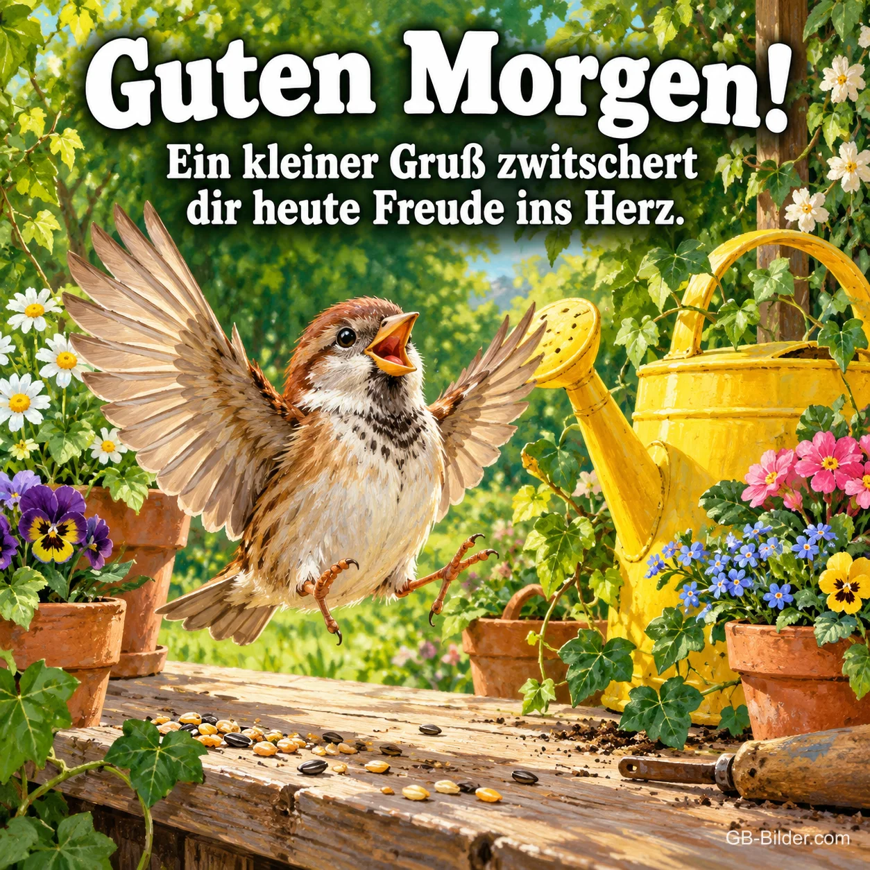 Spatz flattert fröhlich auf einem Gartentisch neben gelber Gießkanne, Text: Guten Morgen! Ein kleiner Gruß zwitschert dir heute Freude ins Herz.
