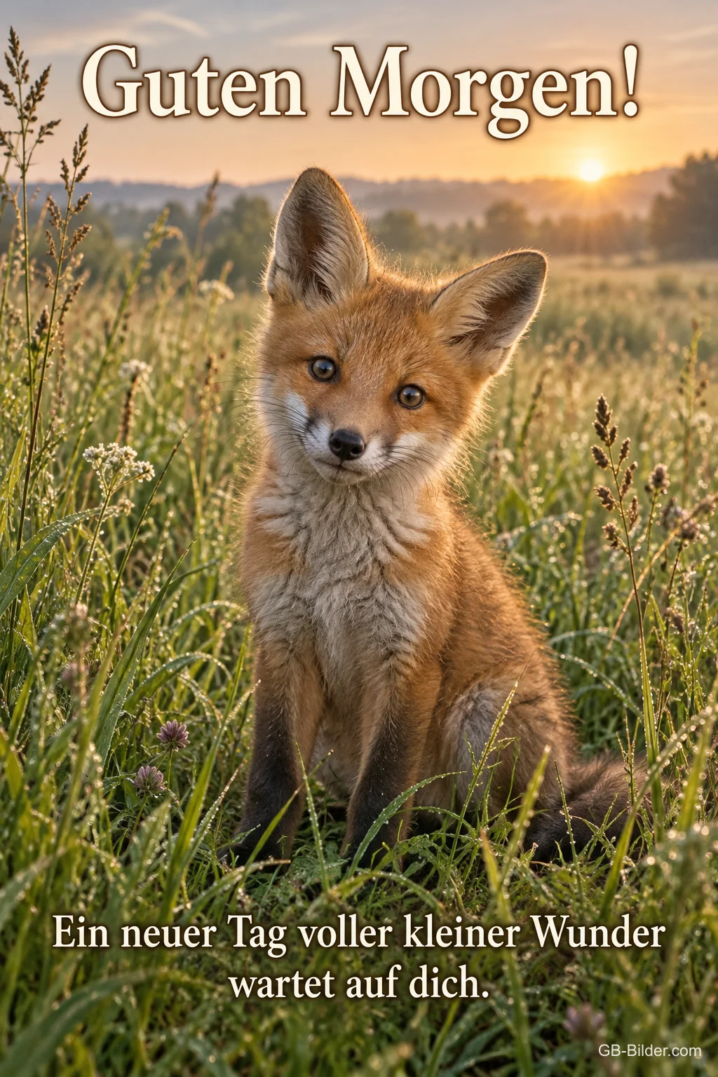 Fuchswelpe im Gras, Text: Guten Morgen