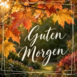 Rote und orange Ahornblätter mit weißem Rahmen, Text: Guten Morgen