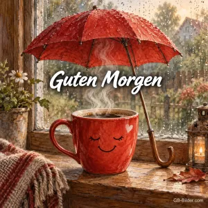Rote lächelnde Kaffeetasse unter einem Regenschirm am Fenster, Text: Guten Morgen