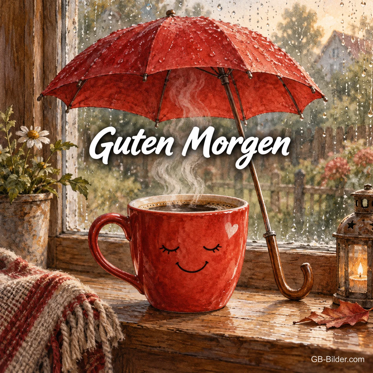 Rote lächelnde Kaffeetasse unter einem Regenschirm am Fenster, Text: Guten Morgen