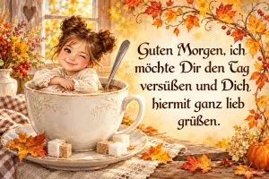 Zwinkerndes Mädchen sitzt in einer großen Kaffeetasse mit Zuckerwürfeln, Text: Guten Morgen, ich möchte Dir den Tag versüßen und Dich hiermit ganz lieb grüßen.