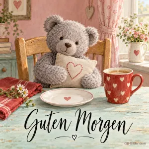 Grauer Teddybär mit Herzkissen am Frühstückstisch, Text: Guten Morgen