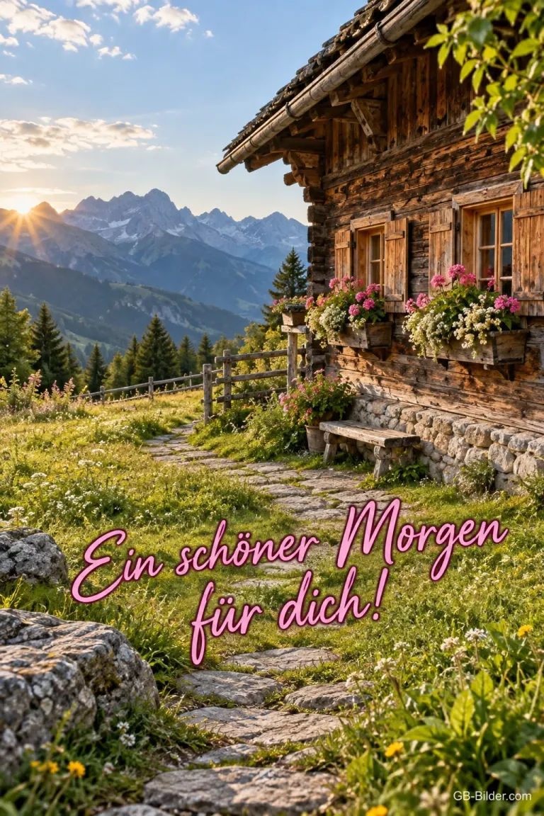 Berghütte in den Alpen, Text: Ein schöner Morgen für dich