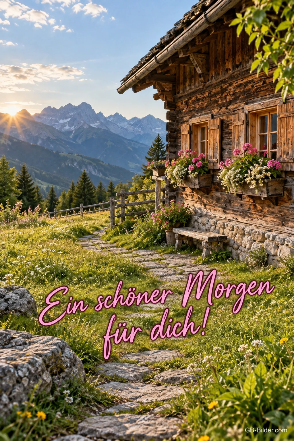 Berghütte in den Alpen, Text: Ein schöner Morgen für dich