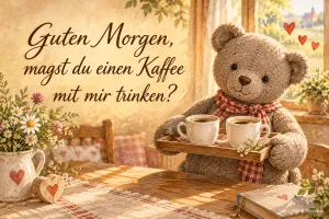 Teddybär trägt ein Tablett mit zwei Kaffeetassen, Text: Guten Morgen, magst du einen Kaffee mit mir trinken?