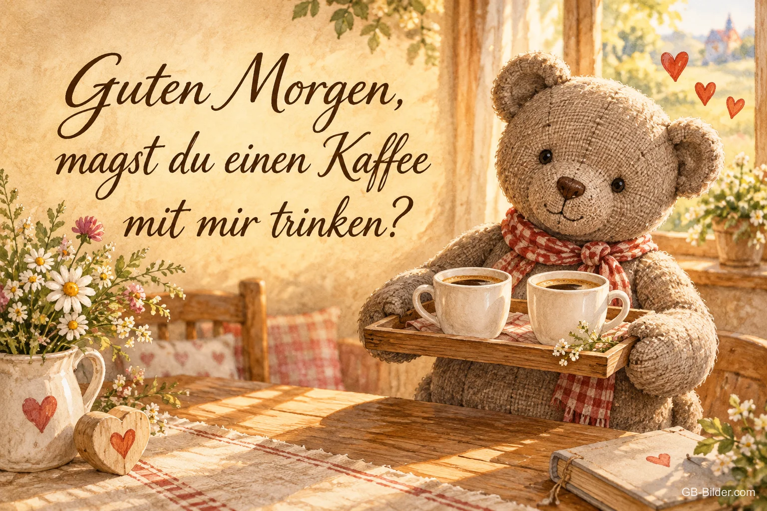 Teddybär trägt ein Tablett mit zwei Kaffeetassen, Text: Guten Morgen, magst du einen Kaffee mit mir trinken?