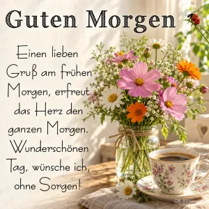 Strauß aus Wiesenblumen neben einer Teetasse, Text: Guten Morgen – Einen lieben Gruß am frühen Morgen, erfreut das Herz den ganzen Morgen. Wunderschönen Tag, wünsche ich, ohne Sorgen!