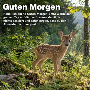 Rehkitz steht im sonnigen Wald, Text: Guten Morgen – Hallo! Ich bin ne Guten-Morgen-SMS! Werde den ganzen Tag auf dich aufpassen, damit dir nichts passiert und dafür sorgen, dass du den Absender nicht vergisst.