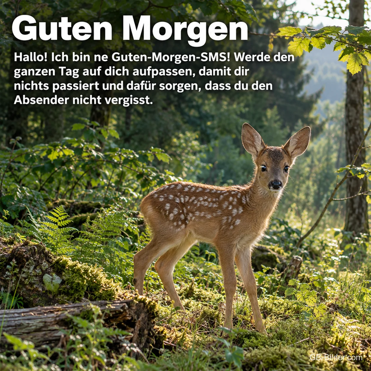 Rehkitz steht im sonnigen Wald, Text: Guten Morgen – Hallo! Ich bin ne Guten-Morgen-SMS! Werde den ganzen Tag auf dich aufpassen, damit dir nichts passiert und dafür sorgen, dass du den Absender nicht vergisst.