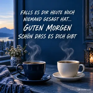 Zwei dampfende Kaffeetassen am Fenster mit Blick auf Berge, Text: FALLS ES DIR HEUTE NOCH NIEMAND GESAGT HAT… GUTEN MORGEN – SCHÖN DASS ES DICH GIBT