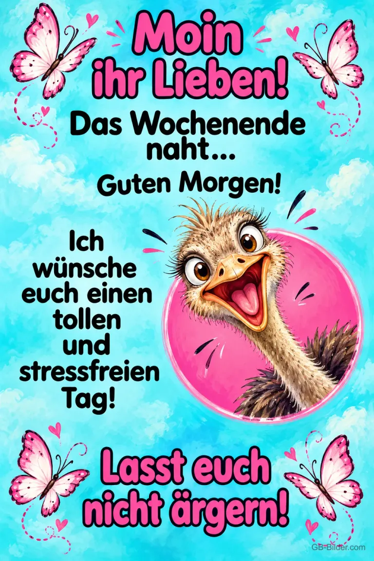 Strauß mit großen Augen lacht vor rosa Kreis, Schmetterlinge, Text: Moin ihr Lieben! Das Wochenende naht… Guten Morgen! Ich wünsche euch einen tollen und stressfreien Tag! Lasst euch nicht ärgern!