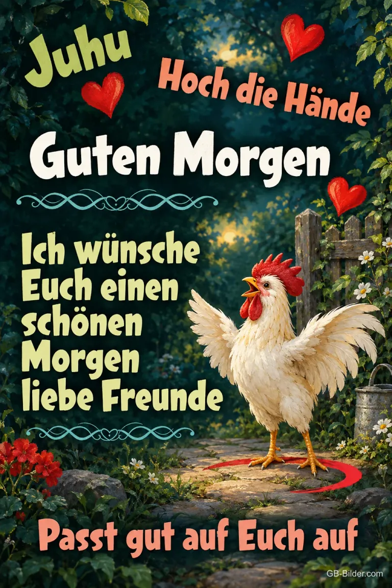 Weißer Hahn breitet die Flügel in einem Garten aus, Text: Juhu – Hoch die Hände – Guten Morgen – Ich wünsche Euch einen schönen Morgen liebe Freunde – Passt gut auf Euch auf