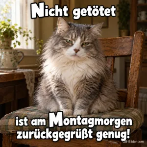 Mürrische Katze sitzt auf einem Stuhl in der Küche, Text: Nicht getötet ist am Montagmorgen zurückgegrüßt genug!